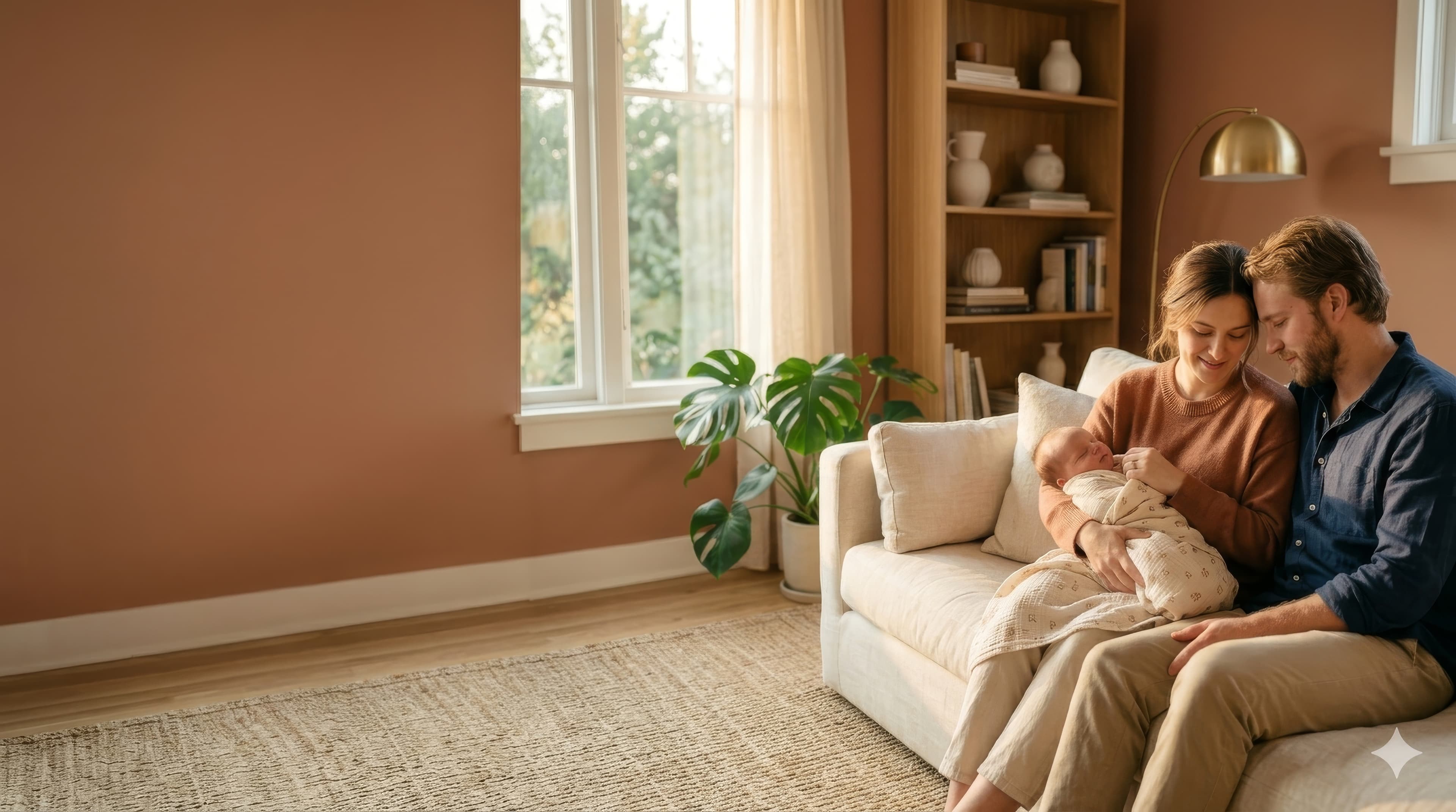 A young couple sitting on a linen sofa in a warm, sunlit living room, holding a sleeping baby.